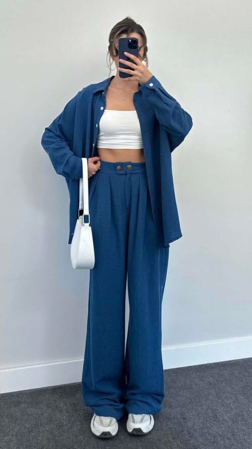 Nonnie Navy Blue Linen Shirt Set