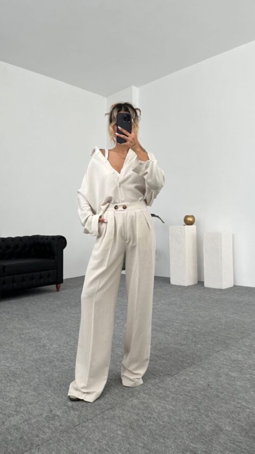 Vivi Double Button Linen Stone Trousers