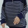 Navy Blue Ecru Striped Side Zippered Sweater