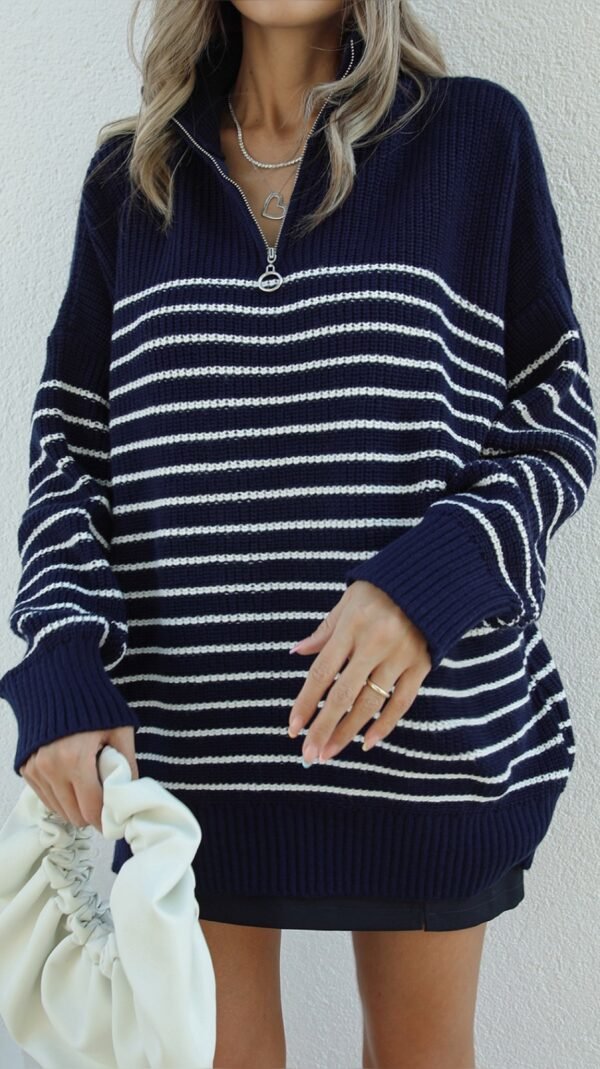 Navy Blue Ecru Striped Side Zippered Sweater