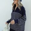 Navy Blue Ecru Striped Side Zippered Sweater