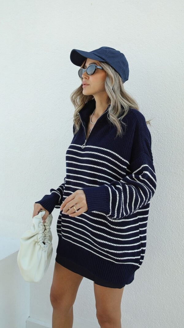 Navy Blue Ecru Striped Side Zippered Sweater