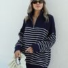 Navy Blue Ecru Striped Side Zippered Sweater