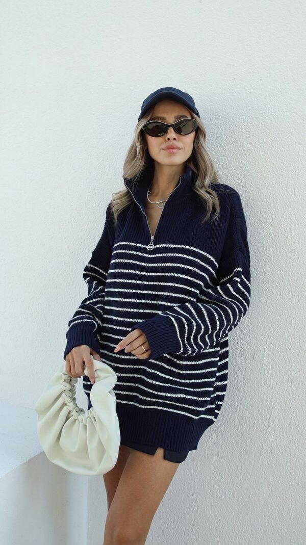 Navy Blue Ecru Striped Side Zippered Sweater
