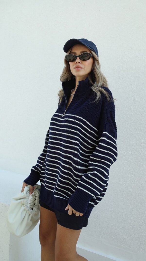 Navy Blue Ecru Striped Side Zippered Sweater