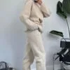 3 Thread Oversize Beige Tracksuit Set With Hood