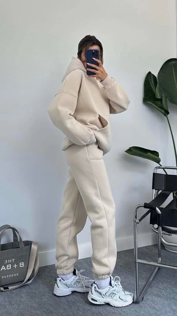 3 Thread Oversize Beige Tracksuit Set With Hood
