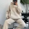 3 Thread Oversize Beige Tracksuit Set With Hood