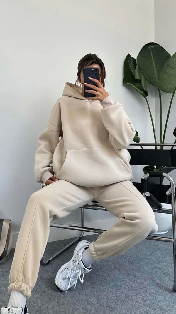 3 Thread Oversize Beige Tracksuit Set With Hood