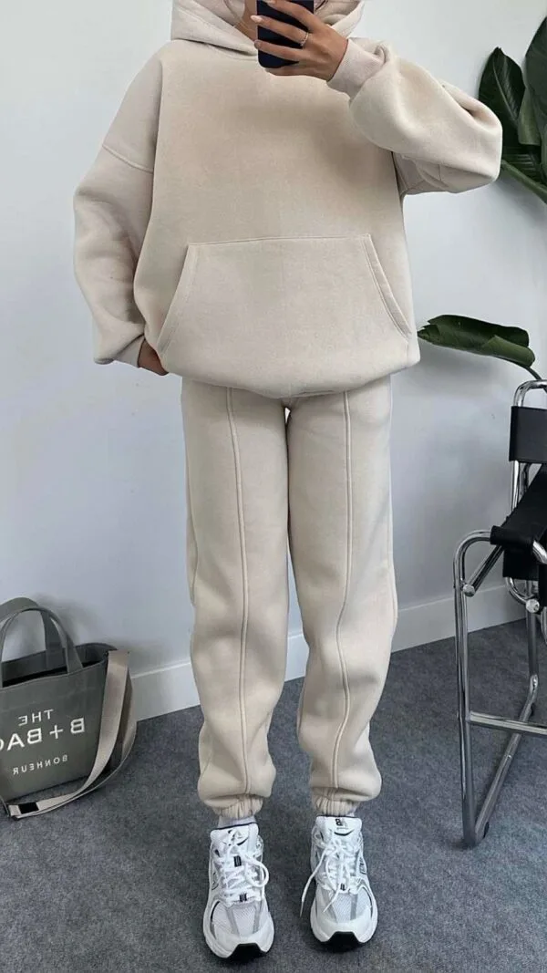 3 Thread Oversize Beige Tracksuit Set With Hood