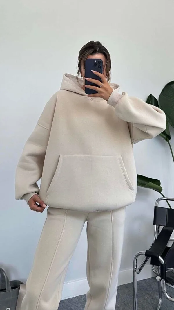 3 Thread Oversize Beige Tracksuit Set With Hood