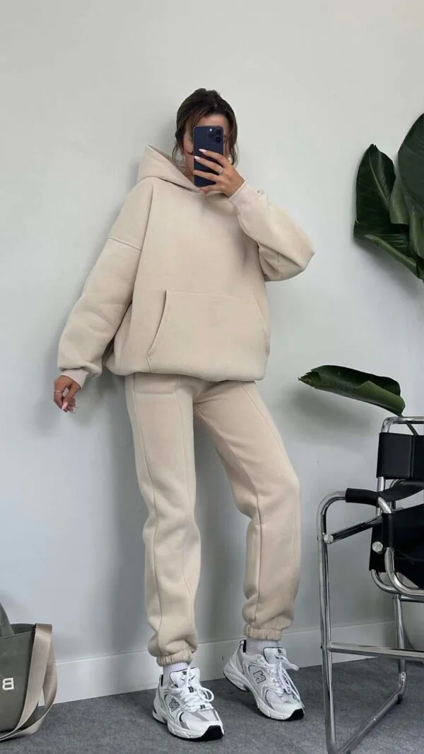 3 Thread Oversize Beige Tracksuit Set With Hood