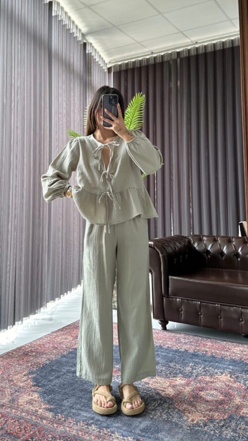 Alexa Soft Khaki Muslin Set with Front Tie