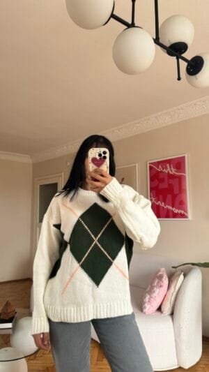 Mng Baklava Patterned White Khaki Sweater
