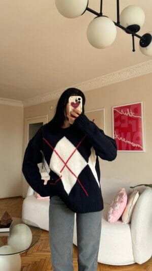 Mng Baklava Patterned Navy Blue Sweater