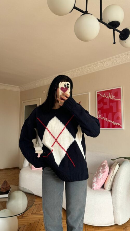 Mng Baklava Patterned Navy Blue Sweater