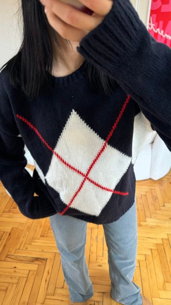 Mng Baklava Patterned Navy Blue Sweater