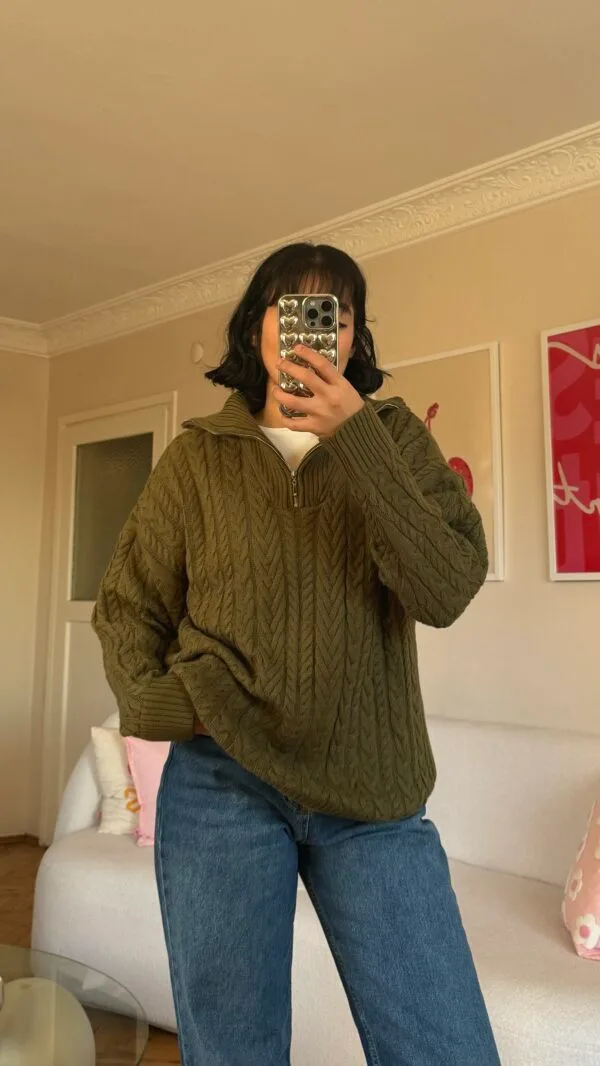 Grace Khaki Zippered Sweater