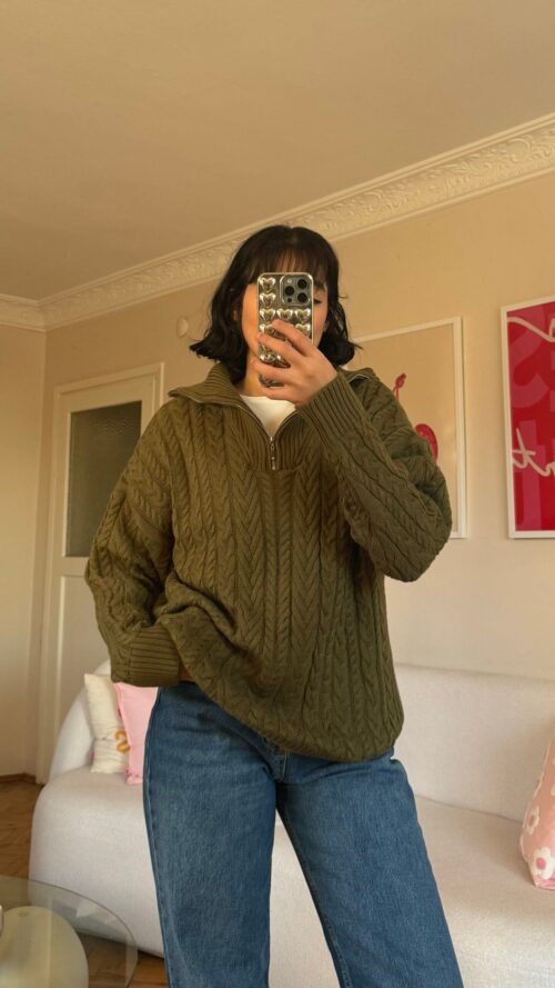 Grace Khaki Zippered Sweater