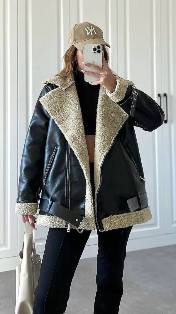 Beige-Black Leather Jacket