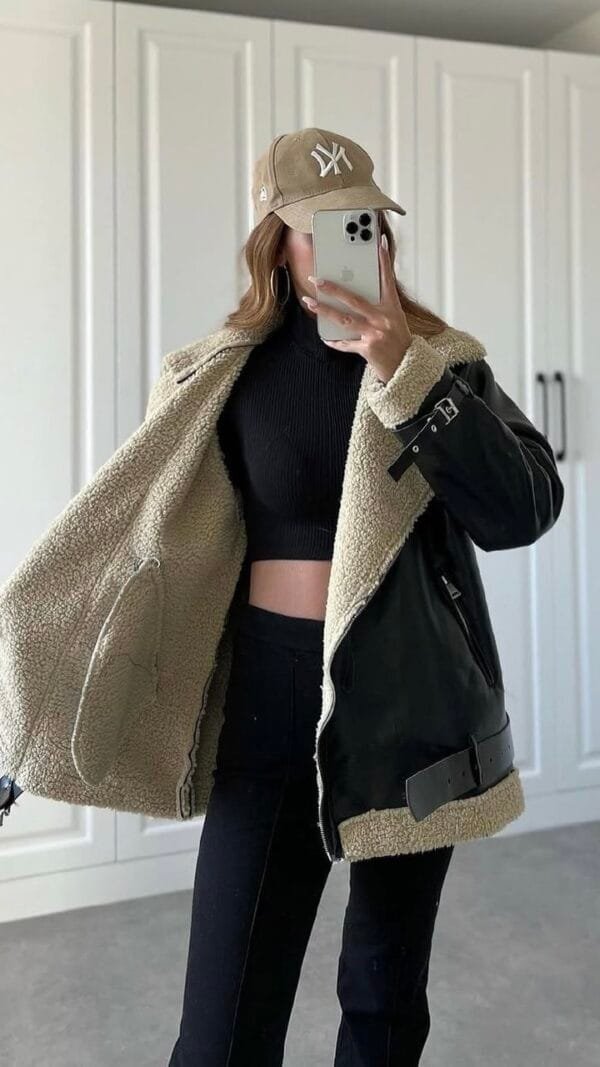 Beige-Black Leather Jacket