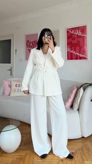Sakura Belted White Palazzo Set