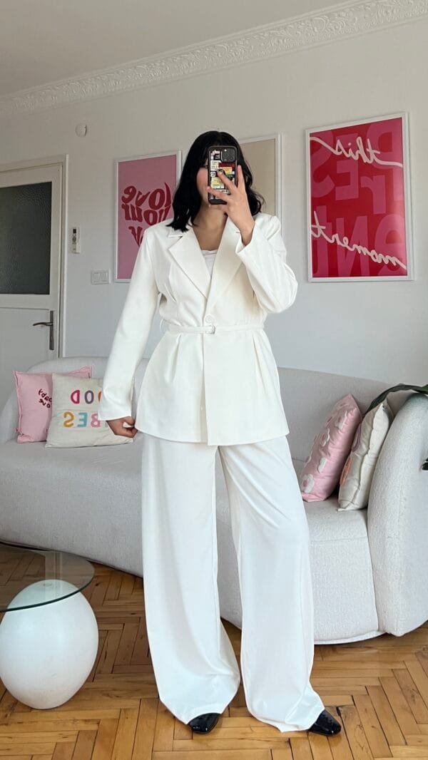 Sakura Belted White Palazzo Set