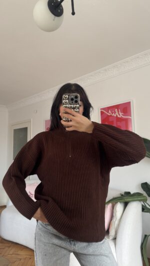 Ebru Dark Brown Unisex Zipped Sweater