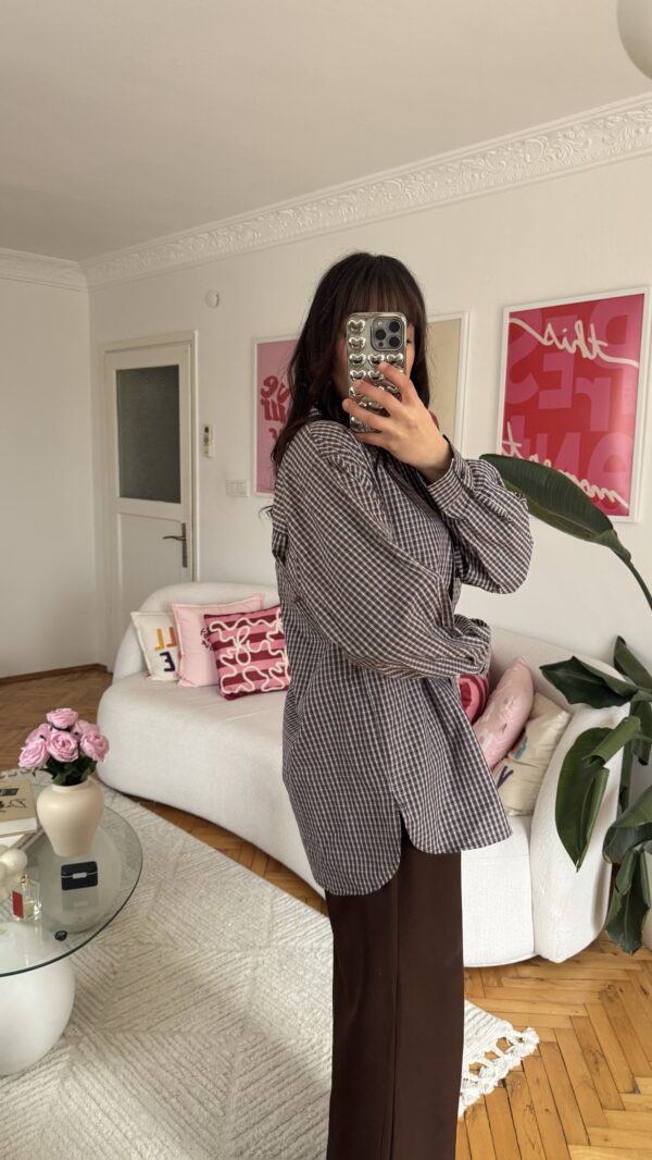 Serene Gingham Oversize Dark Brown Shirt