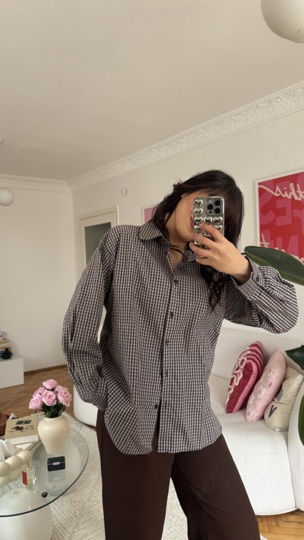 Serene Gingham Oversize Dark Brown Shirt