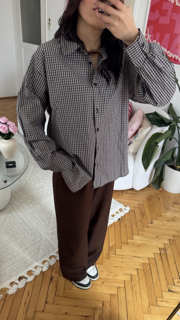 Serene Gingham Oversize Dark Brown Shirt